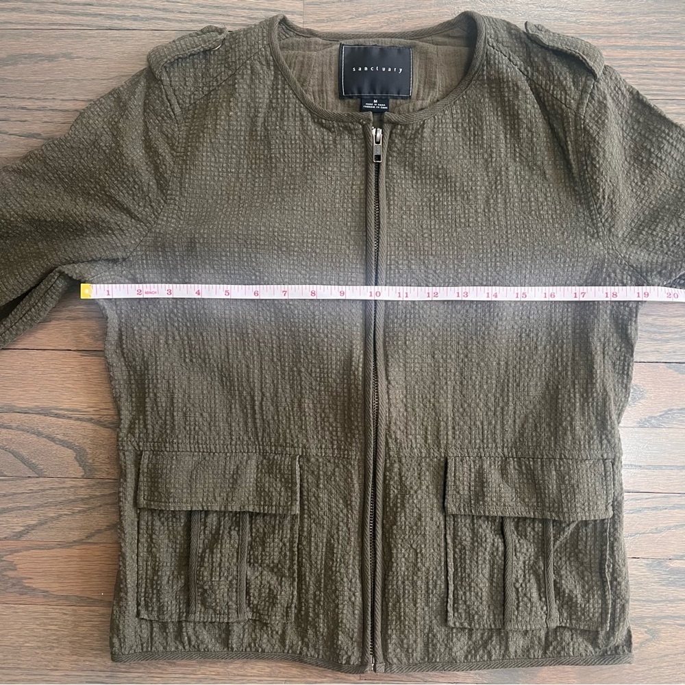 Sanctuary Utility Jacket Olive Green Full Zip Cotton Seersucker Collarless Med - Picture 5 of 7